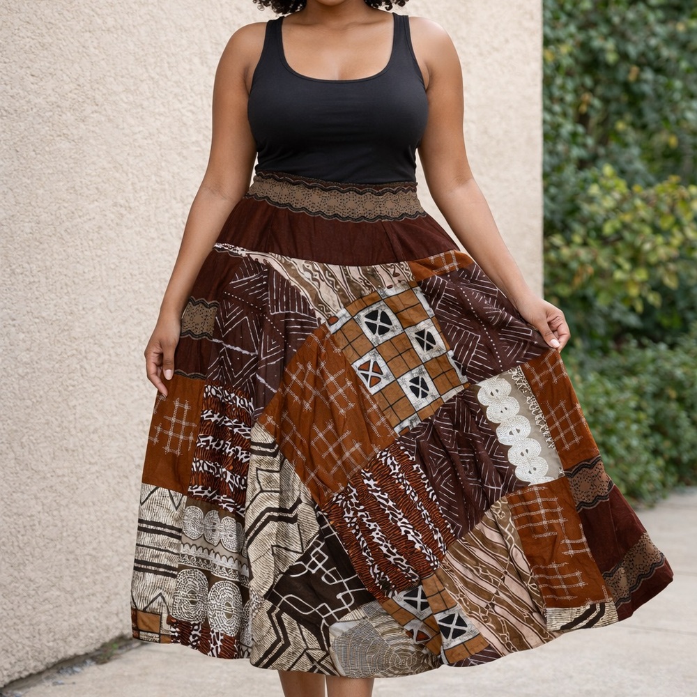 Unique African Patchwork Print Maxi Skirt. Fully lined Size 36"‎ waist.
